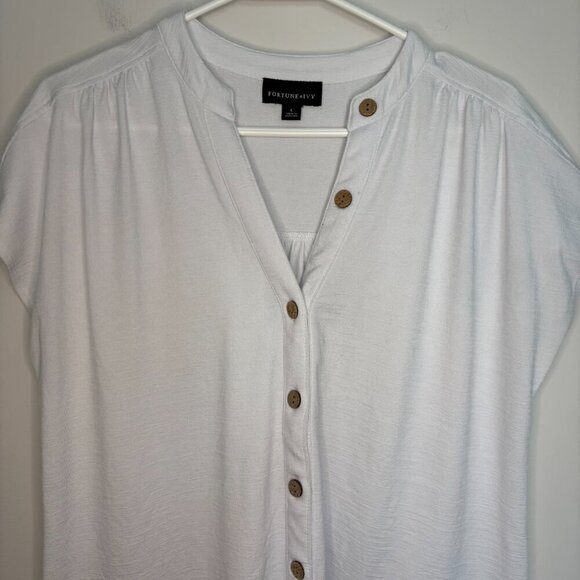 FORTUNE & IVY Short Sleeve Button Up Shirt Womens L White Tie Front Hi Lo - Picture 4 of 7